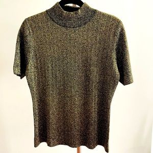 Louben II Black Gold Metallic Short Sleeves Mock Neck Ribbed Knit Sweater US L
